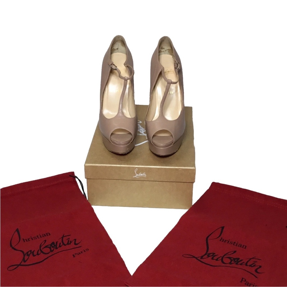 Christian Louboutin Taupe Peep-Toe T-Strap Platform Pumps EU 38 US 8
